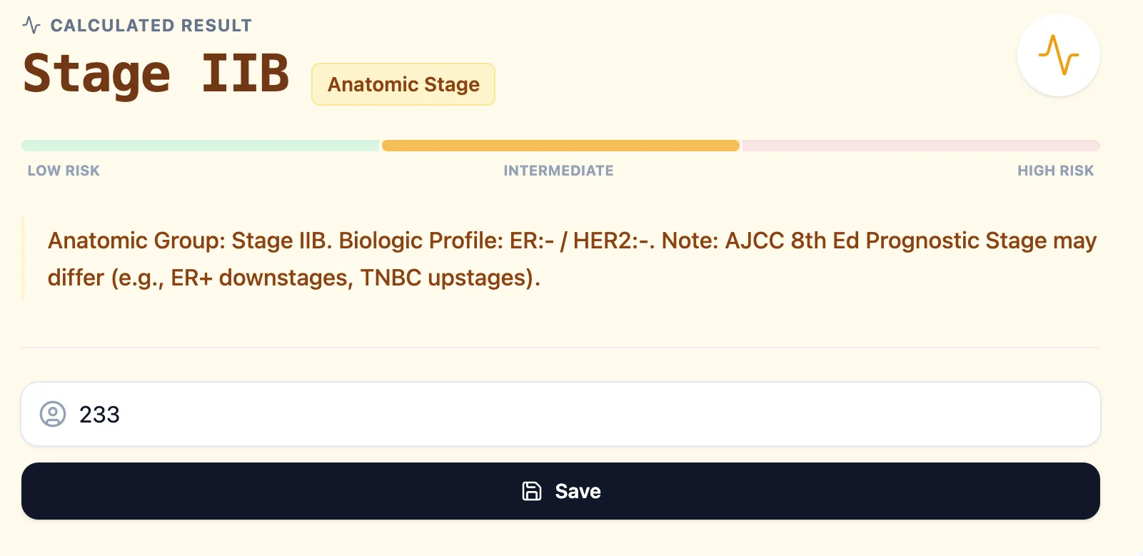 Example calculated result from the OncoToolkit AJCC calculator