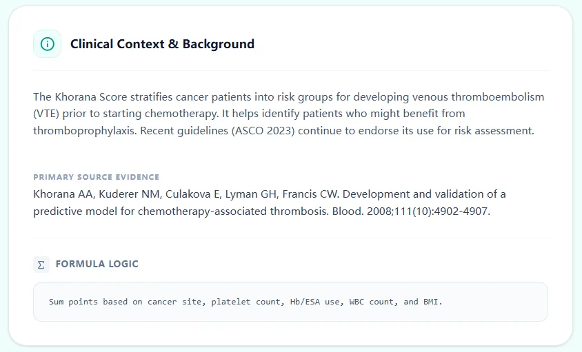 Clinical context panel summarizing Khorana Score variables