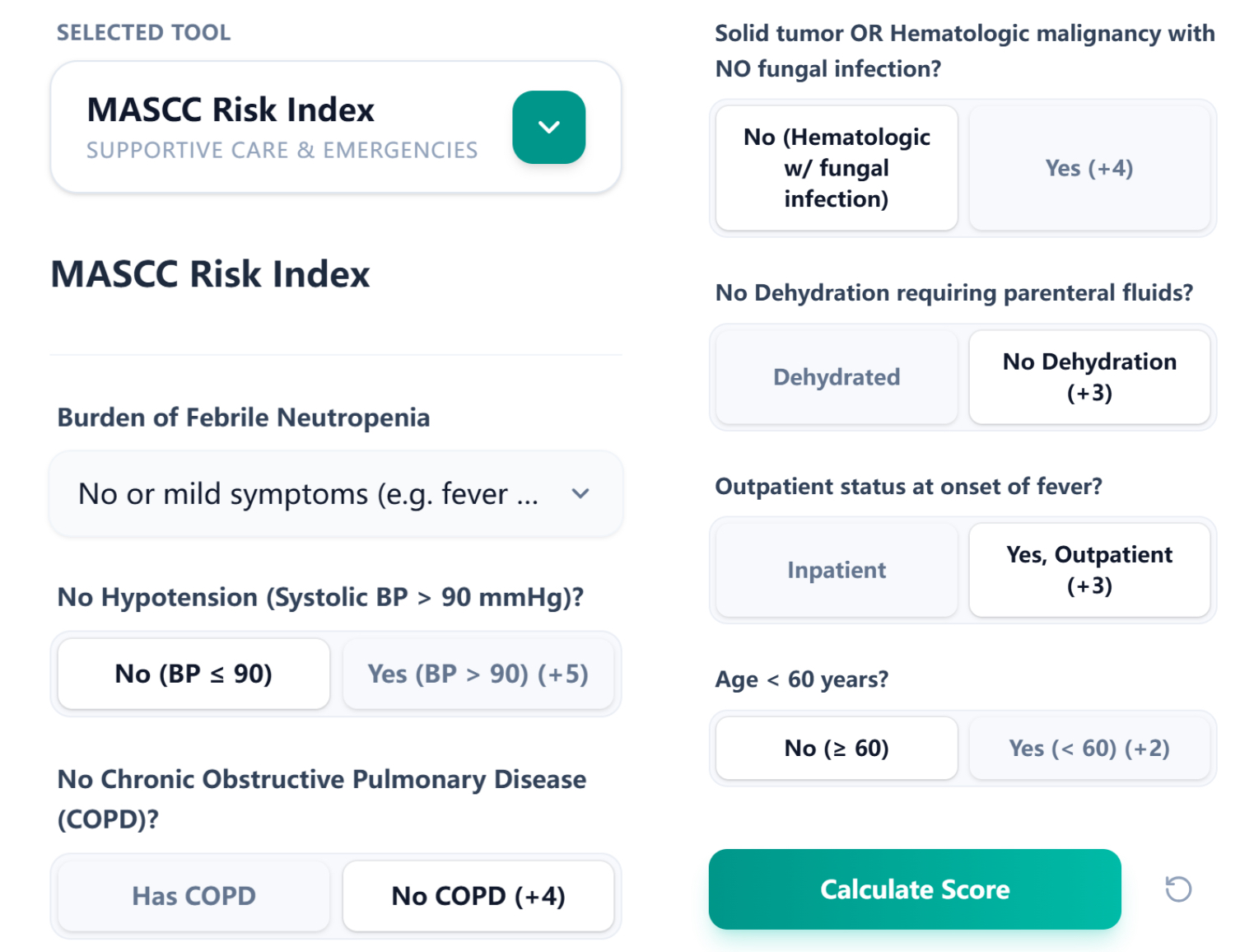 MASCC Calculator Input Interface