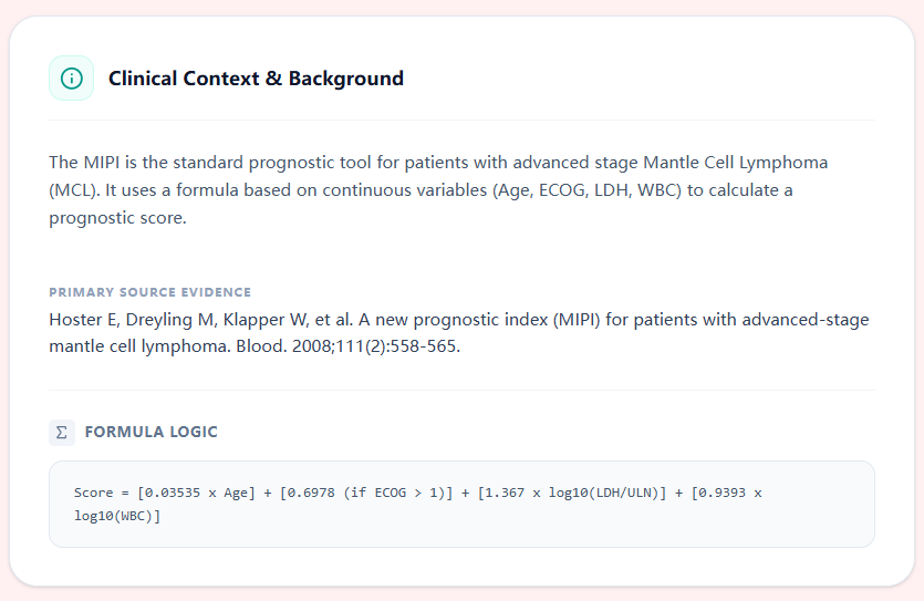 Clinical context panel in the MIPI calculator