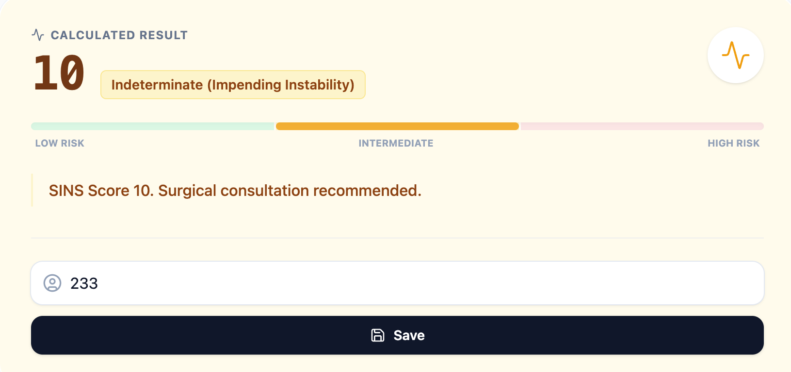 SINS Calculation Results Screen
