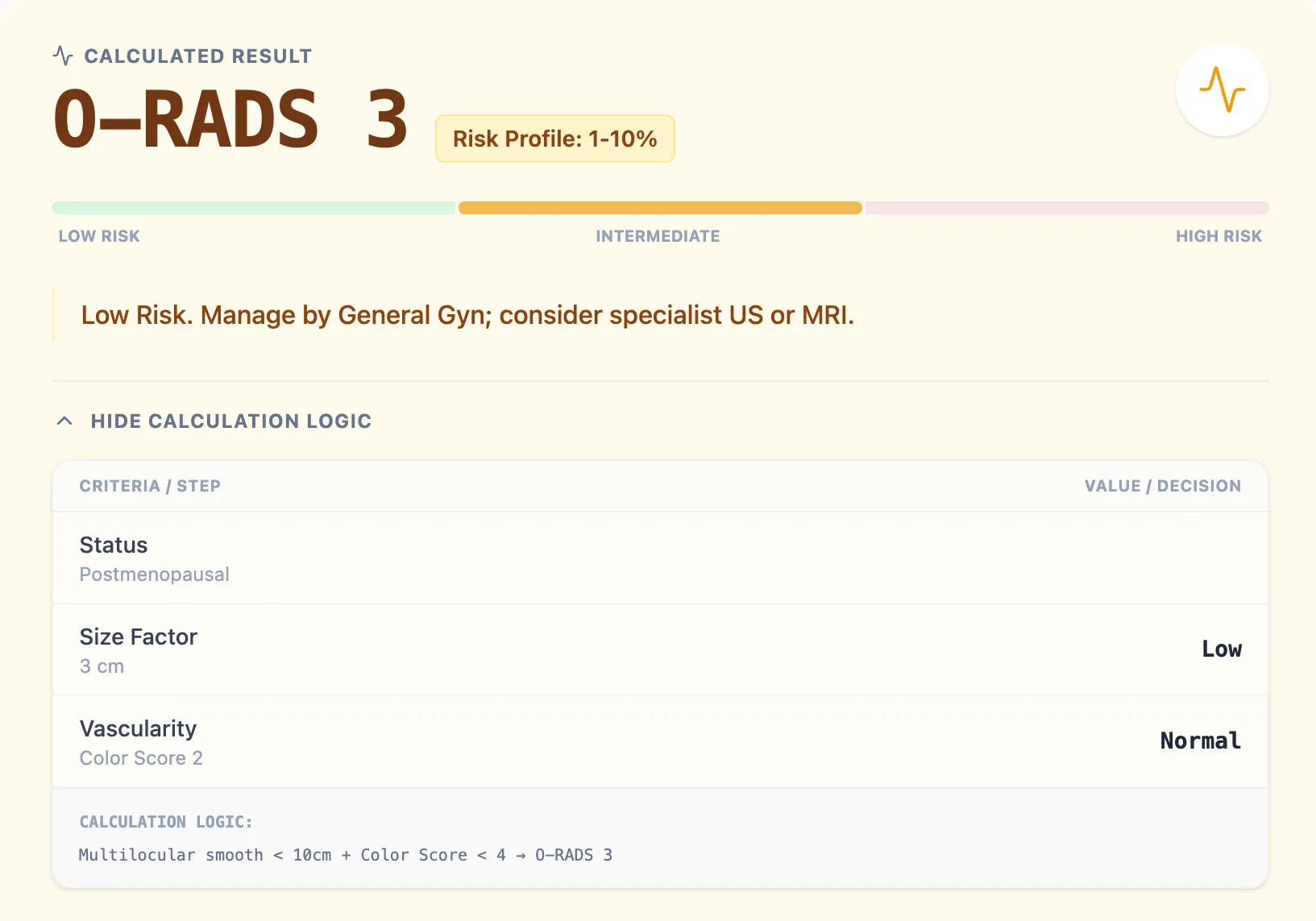 Example O-RADS calculator result